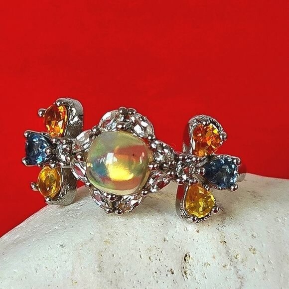 Natural Fire Opal 6mm, Sapphire, Topaz 925 Sterling Silver Jewelry Ring Sz 6.75 - Picture 2 of 7